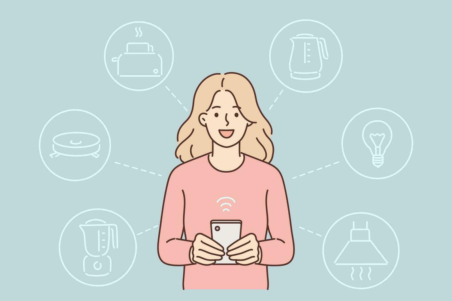 Woman controls smart home system through phone and launches iot devices connected to wi-fi. Girl uses modern smart home technologies to increase comfort and remotely start household appliances vector