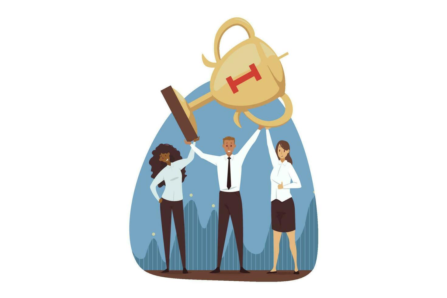 Success, win, celebration, goal achievement, business concept. Team of young happy businessman woman clerks managers leaders cartoon characters hold golden cup together. Reaching purpose and victory. vector