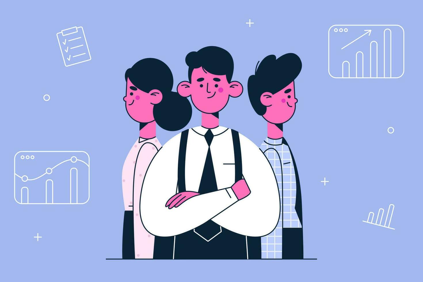 Teamwork, coworking, business development concept. Office workers partners standing back to back as parts of one team with business growth arrows at background vector illustration