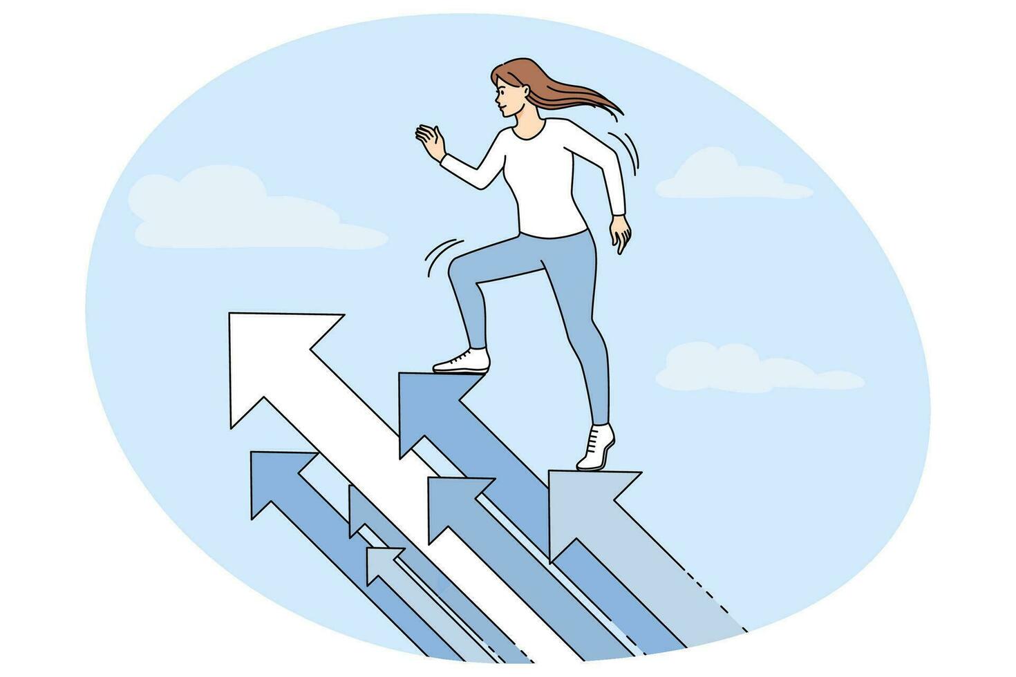 Woman standing on huge arrows showing personal or career growth. Excited motivated female ready for new opportunities and challenges. Vector illustration.