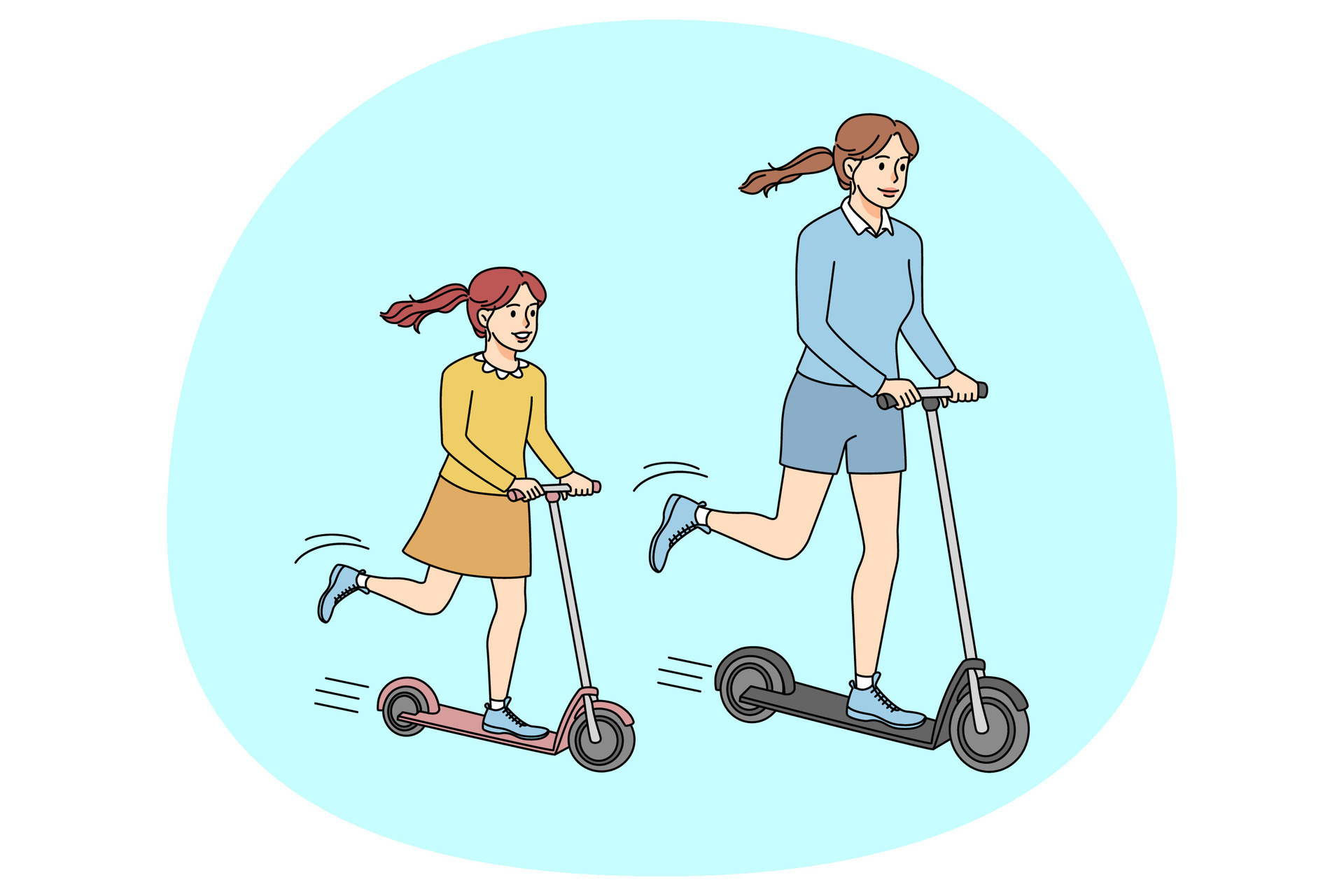 Happy mother and daughter have fun riding scooters together smiling