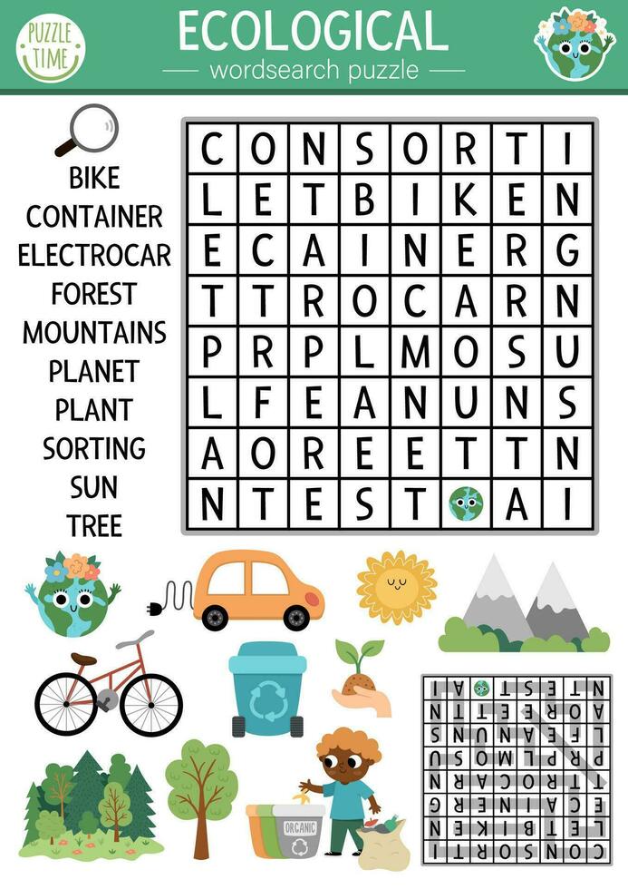 vector ecológico sopa de letras rompecabezas para niños. tierra día palabra buscar examen con bosque, montañas, residuos clasificación, planeta. eco conciencia educativo actividad. ambiente simpático cruzar palabra