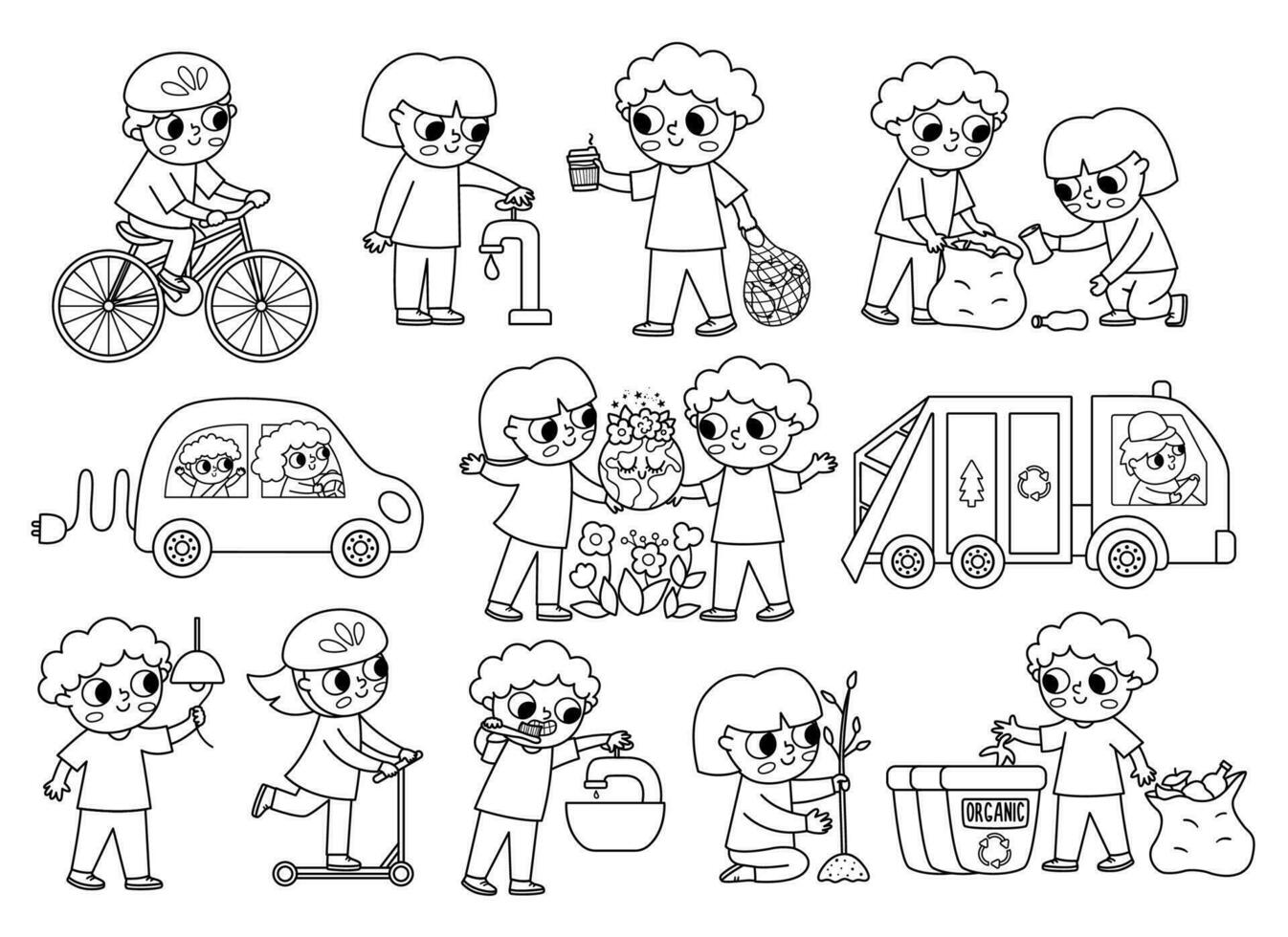 Ecological black and white vector set with children. Cute line eco friendly kids collection. Boys and girls saving water, energy, seeding plants, caring of environment. Earth day coloring page