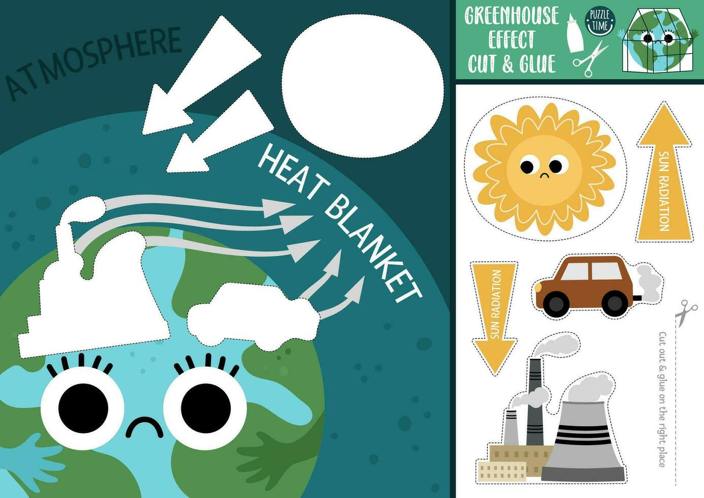 vector ecológico cortar y pegamento actividad. tierra día elaboración juego con invernadero efecto. eco conciencia imprimible hoja de cálculo. encontrar el Derecha pedazo de el rompecabezas. explicativo completar el imagen