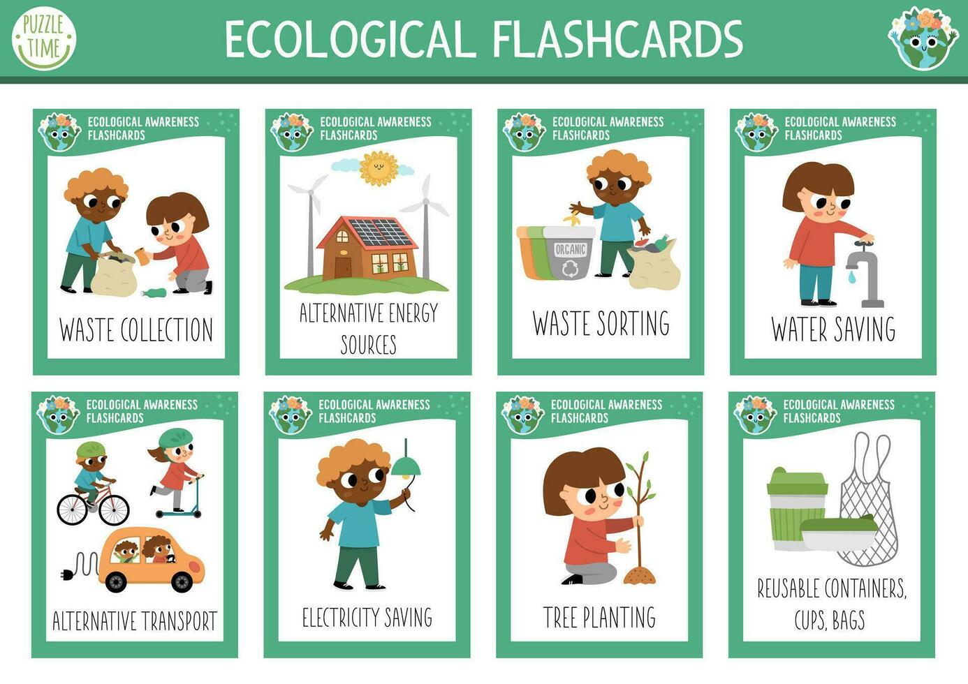 Vector flash cards set with kids caring of environment. Ecological English language game. Eco awareness flashcards for children. Simple educational printable worksheet.