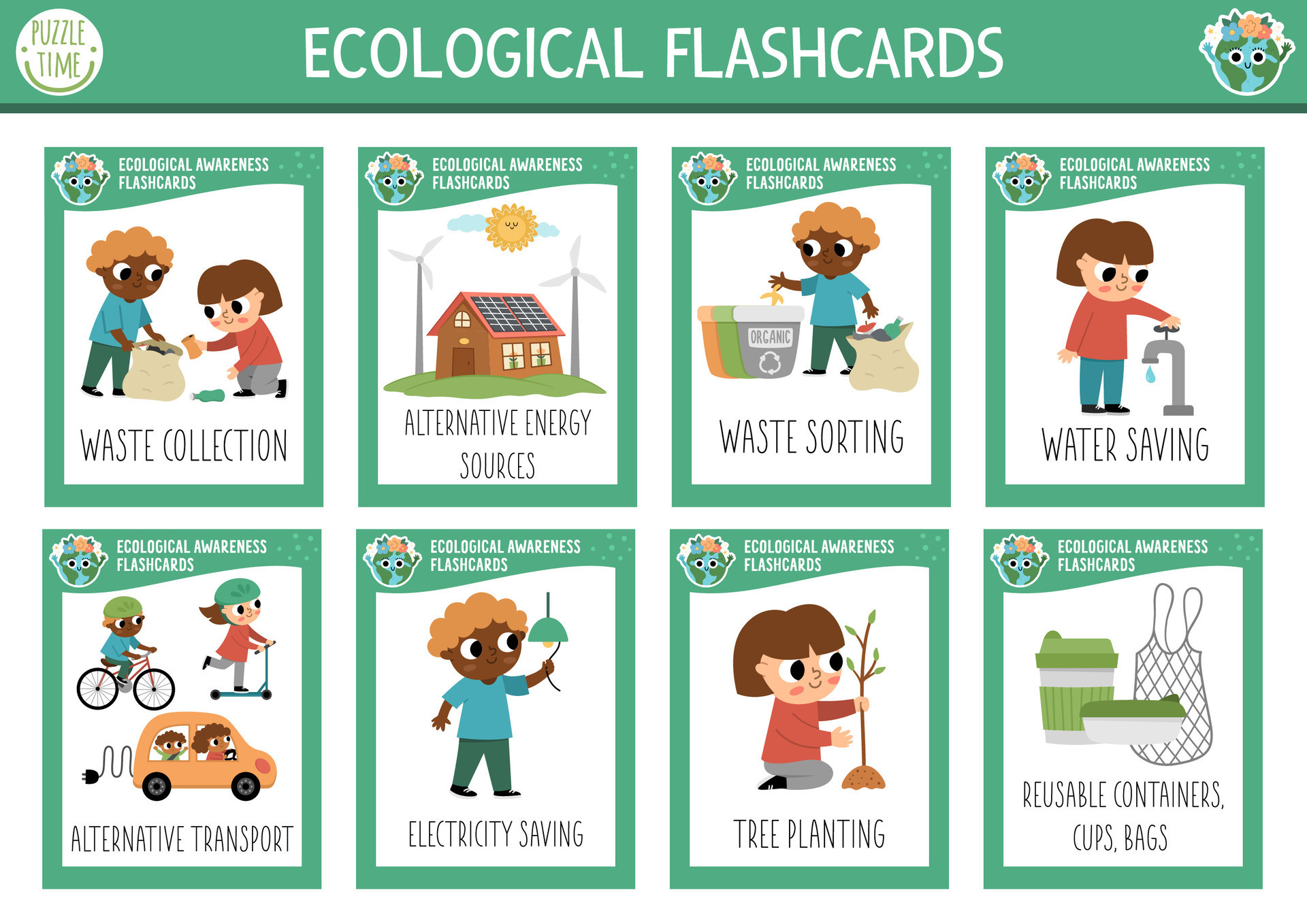 Vector flash cards set with kids caring of environment. Ecological English  language game. Eco awareness flashcards for children. Simple educational  printable worksheet. 26118179 Vector Art at Vecteezy