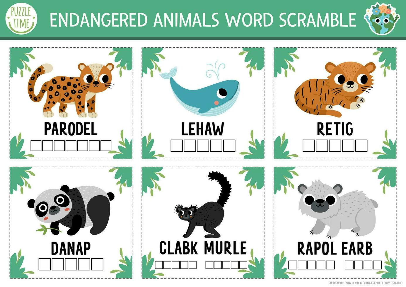Vector extinct animals word scramble activity page. English language game with whale, leopard, panda for kids. Ecological awareness quiz flash cards. Educational printable worksheet