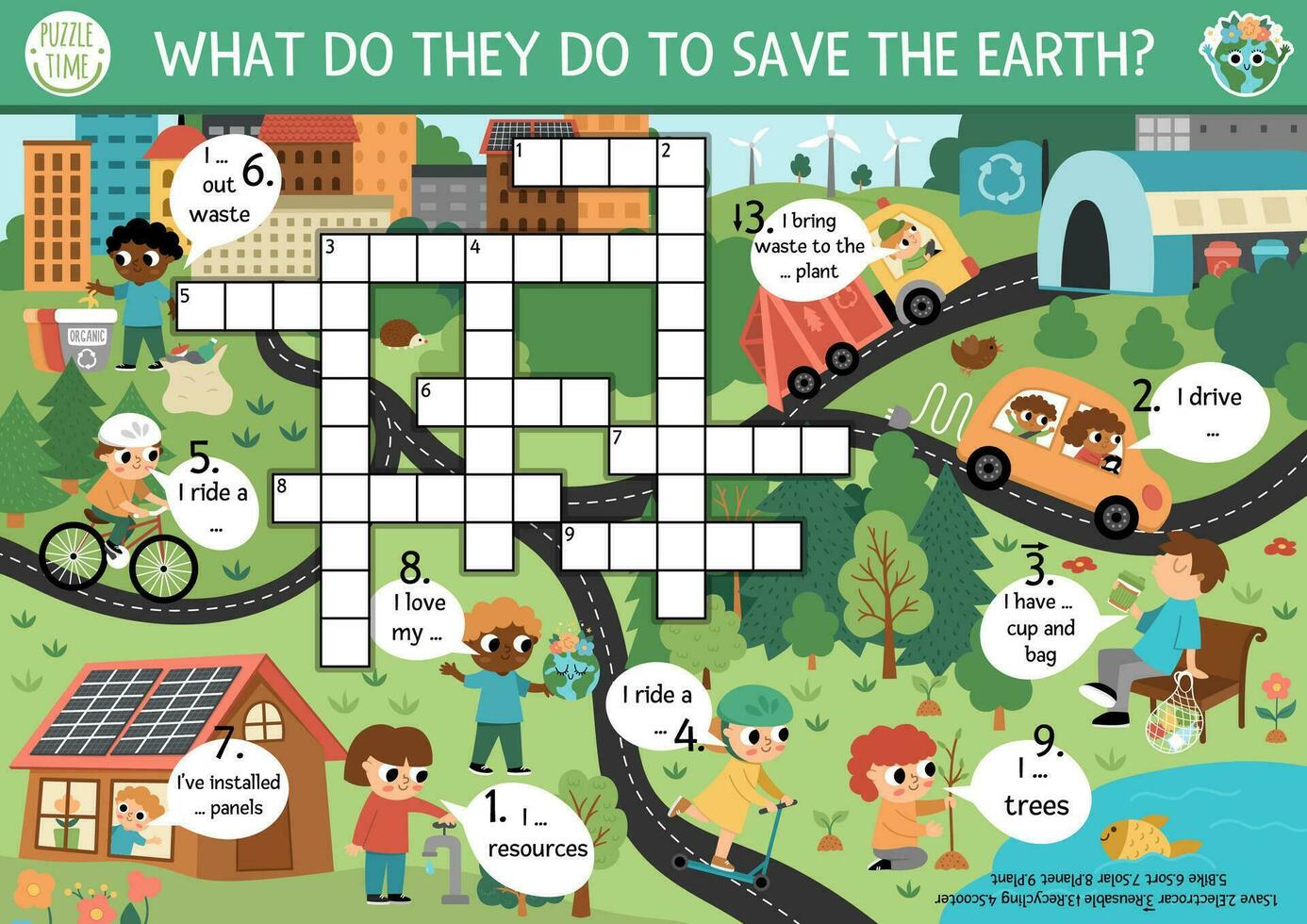 vector ecológico crucigrama rompecabezas para niños. tierra día examen con eco ciudad paisaje para niños. eco conciencia educativo actividad. linda cruzar palabra con ambiente simpático escena