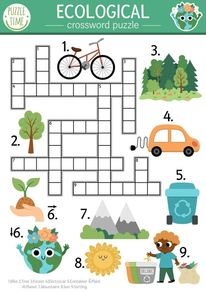 Vector ecological crossword puzzle for kids. Simple Earth day quiz with eco city landscape for children. Eco awareness educational activity. Cute cross word with forest, planet, plants