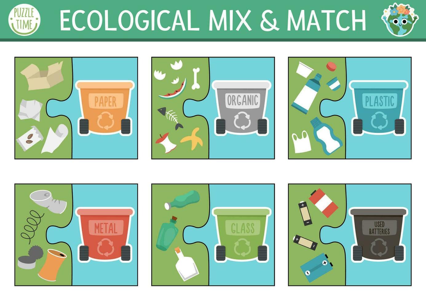 Vector ecological mix and match puzzle with waste sorting concept. Matching eco awareness activity for preschool kids. Eco friendly zero waste educational printable game with containers and rubbish