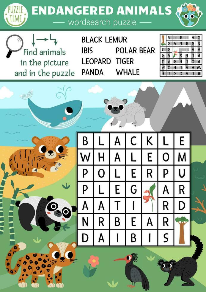 Vector ecological wordsearch puzzle for kids with endangered species. Earth day word search quiz with extinct animals in the wild. Eco awareness educational activity. Cross word with panda, leopard