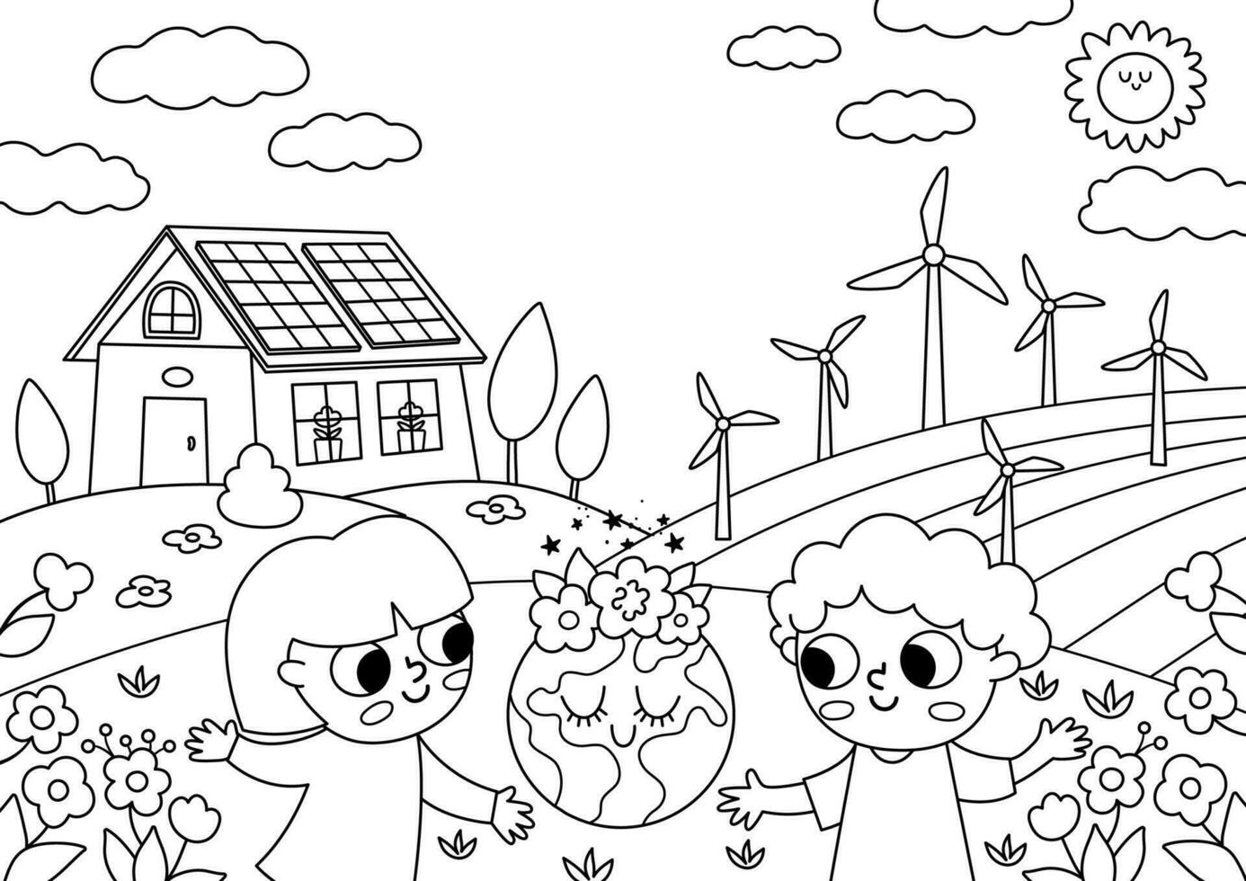 vector negro y blanco eco vida escena con linda niños. vertical tarjeta modelo con línea ecológico paisaje. verde ciudad ilustración con bosque, niños, plantas. tierra día colorante página