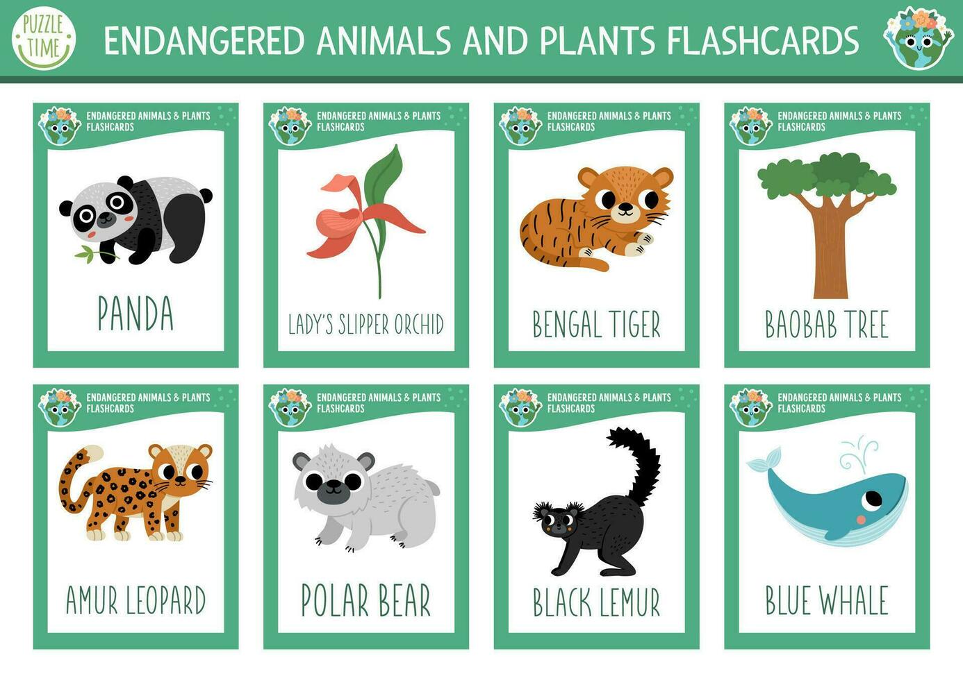 Vector flash cards set with extinct animals. Ecological English language game with whale, panda, leopard. Eco awareness flashcards for children. Simple educational printable worksheet.