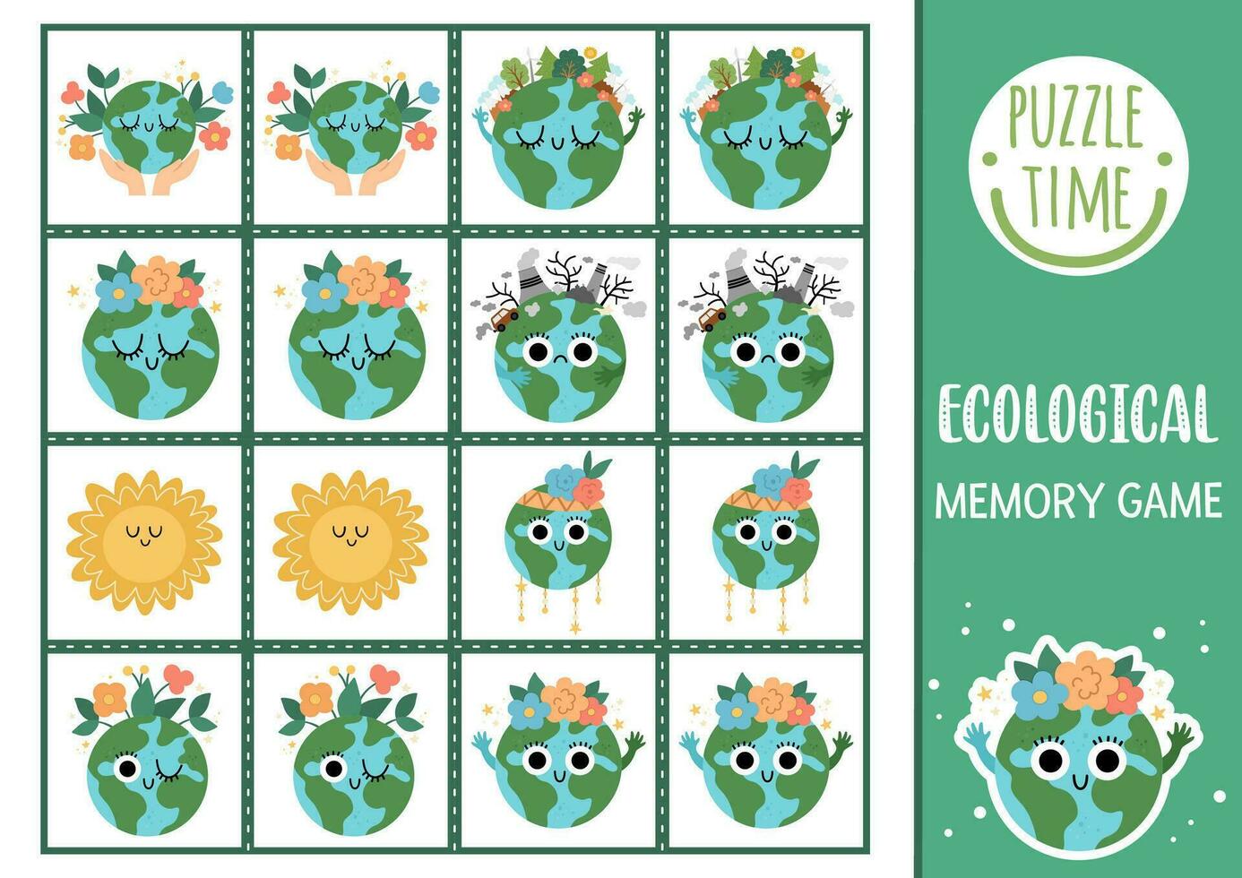 Vector ecological memory game cards with cute planets. Eco awareness matching activity. Remember and find correct card. Simple Earth day printable worksheet for kids with kawaii stars