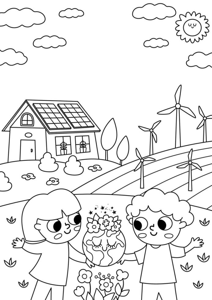 Vector black and white eco life scene with cute kids. Vertical card template with line ecological landscape. Green city illustration with forest, children, plants. Earth day coloring page