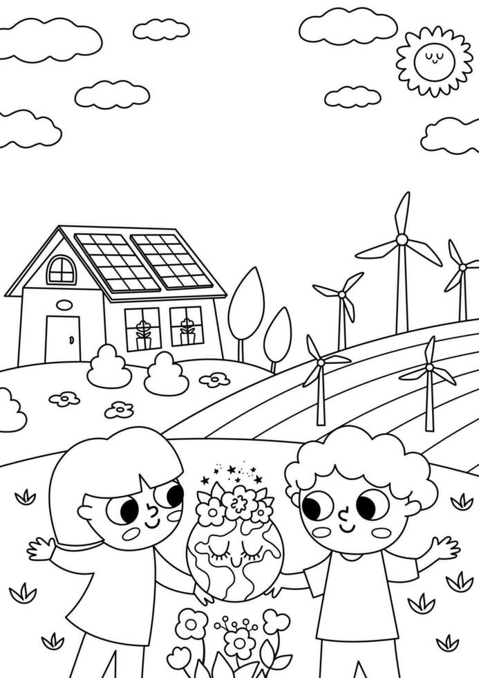 vector negro y blanco eco vida escena con linda niños. vertical tarjeta modelo con línea ecológico paisaje. verde ciudad ilustración con bosque, niños, plantas. tierra día colorante página