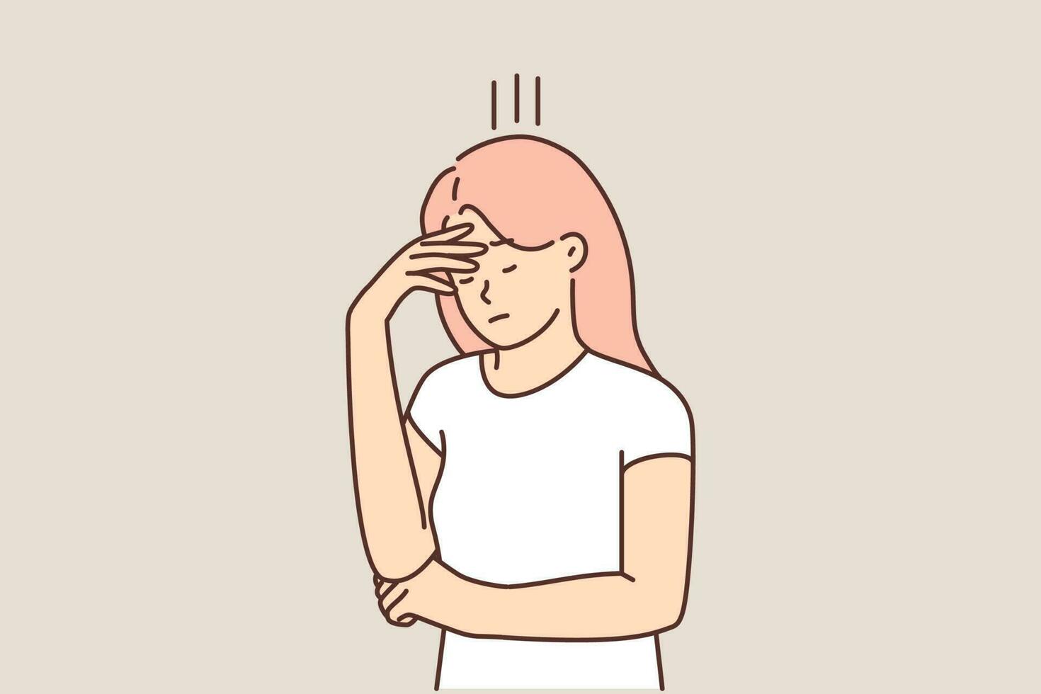 Upset woman covering face with hand in need of psychological support due to stress and depression caused by loneliness. Girl suffers from pain in head after attending noisy party or injury vector