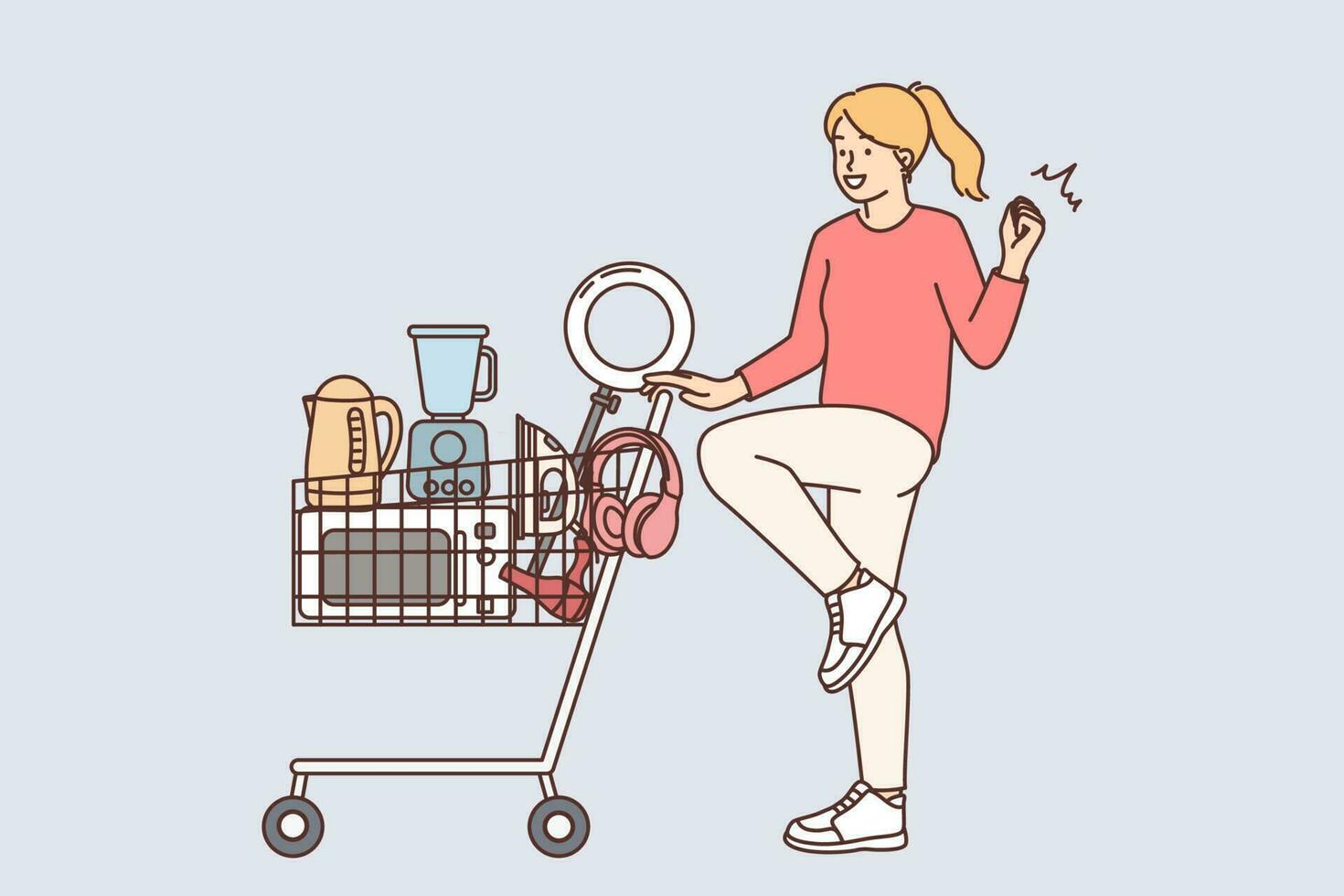 Happy woman with shopping cart and supermarket filled with electronics won in competition. Positive young girl rejoices at bargain purchase of electronics for home in mall or marketplace vector