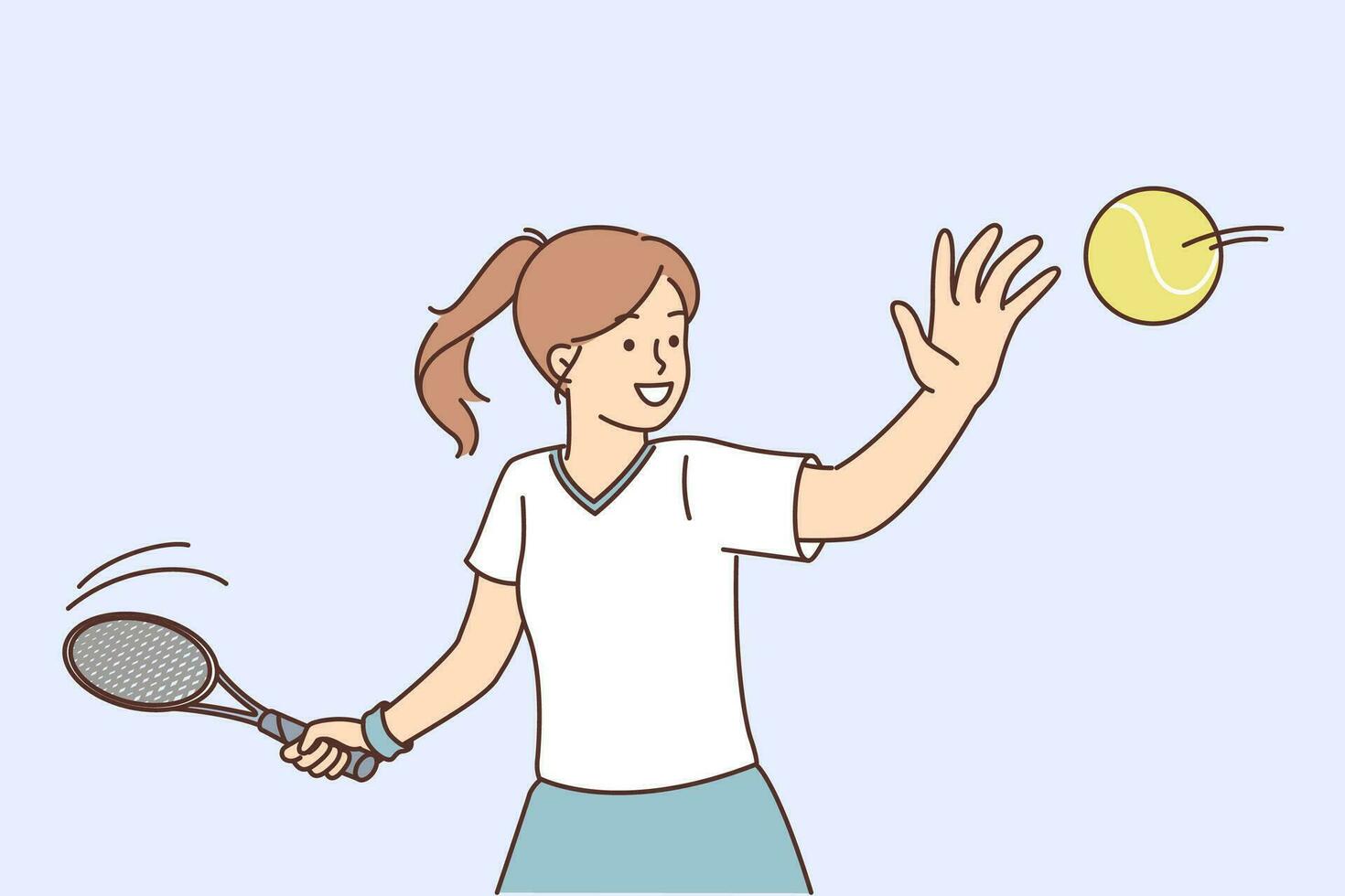 Little girl tennis player trains by hitting ball with racket, wanting to score goal for opponent in order to win tournament. Teenage schoolgirl playing tennis enjoying favorite hobby in spare time vector