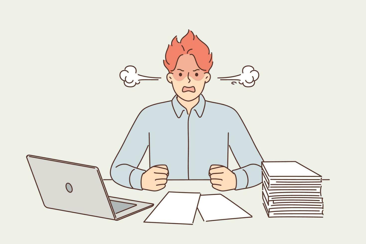 Angry man suffering from overwork and paperwork sitting at office desk with laptop and pile of documents. Businessman nervous about bureaucracy or reporting errors leading to overwork and burnout vector