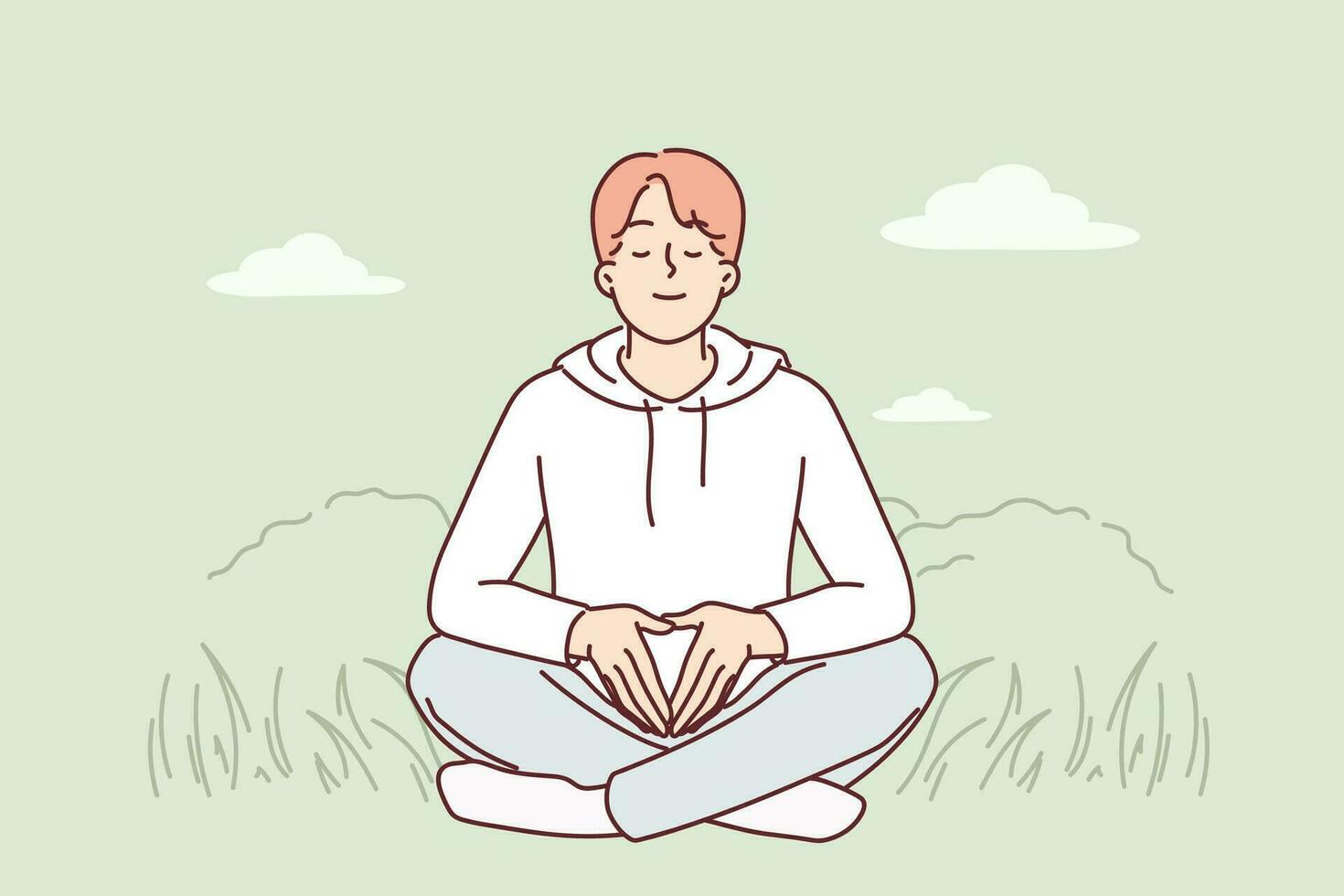 Man meditates sitting on green grass and practices yoga to restore strength and put thoughts in order. Peaceful guy meditates in meadow, wanting to achieve harmony or balance with nature. vector