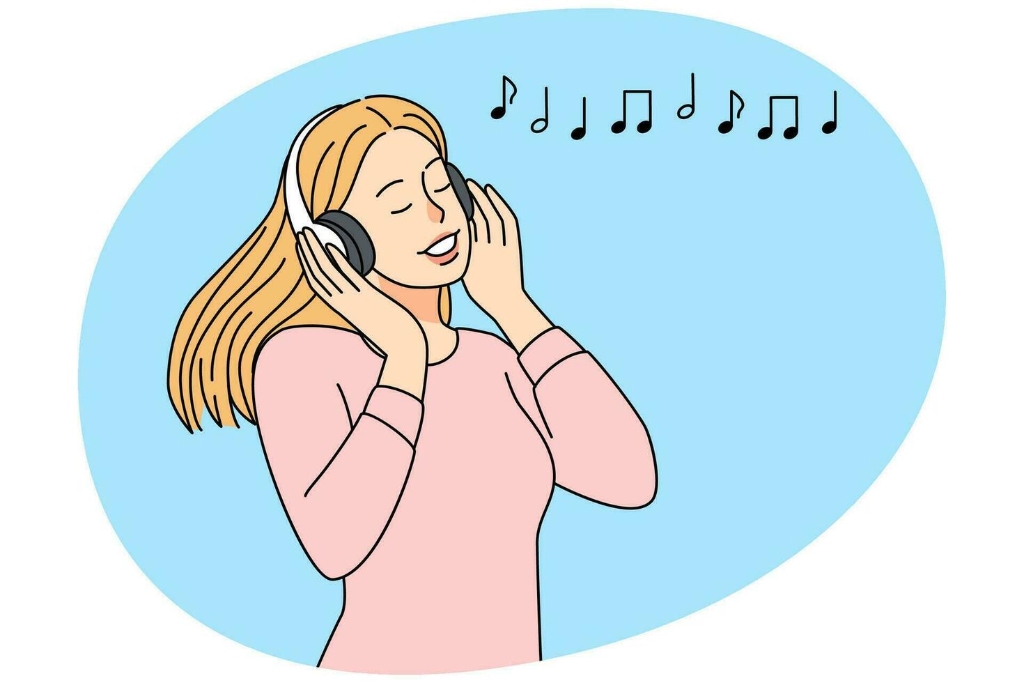 contento niña en auriculares escuchando a música. sonriente joven mujer disfrutar bueno sonido en auriculares. pasatiempo y entretenimiento. vector ilustración.