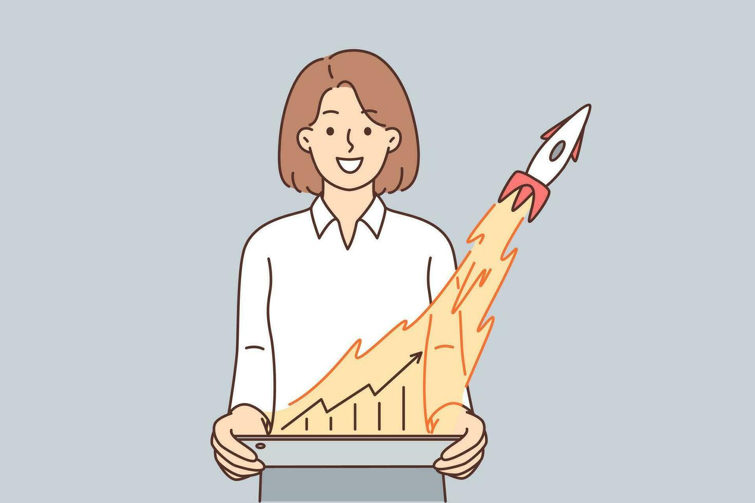Businesswoman with graph and rocket taking off symbolizing financial success of company or attracting investment in startup. Woman manager with tablettop showing client growth graph in startup vector