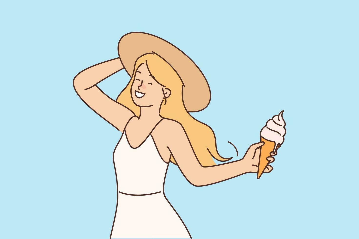 Girl with ice cream in waffle cone enjoys summer holidays and hot sunny weather. Happy young woman in summer dress and hat eats cold ice cream with creamy flavor to refresh herself after walk vector