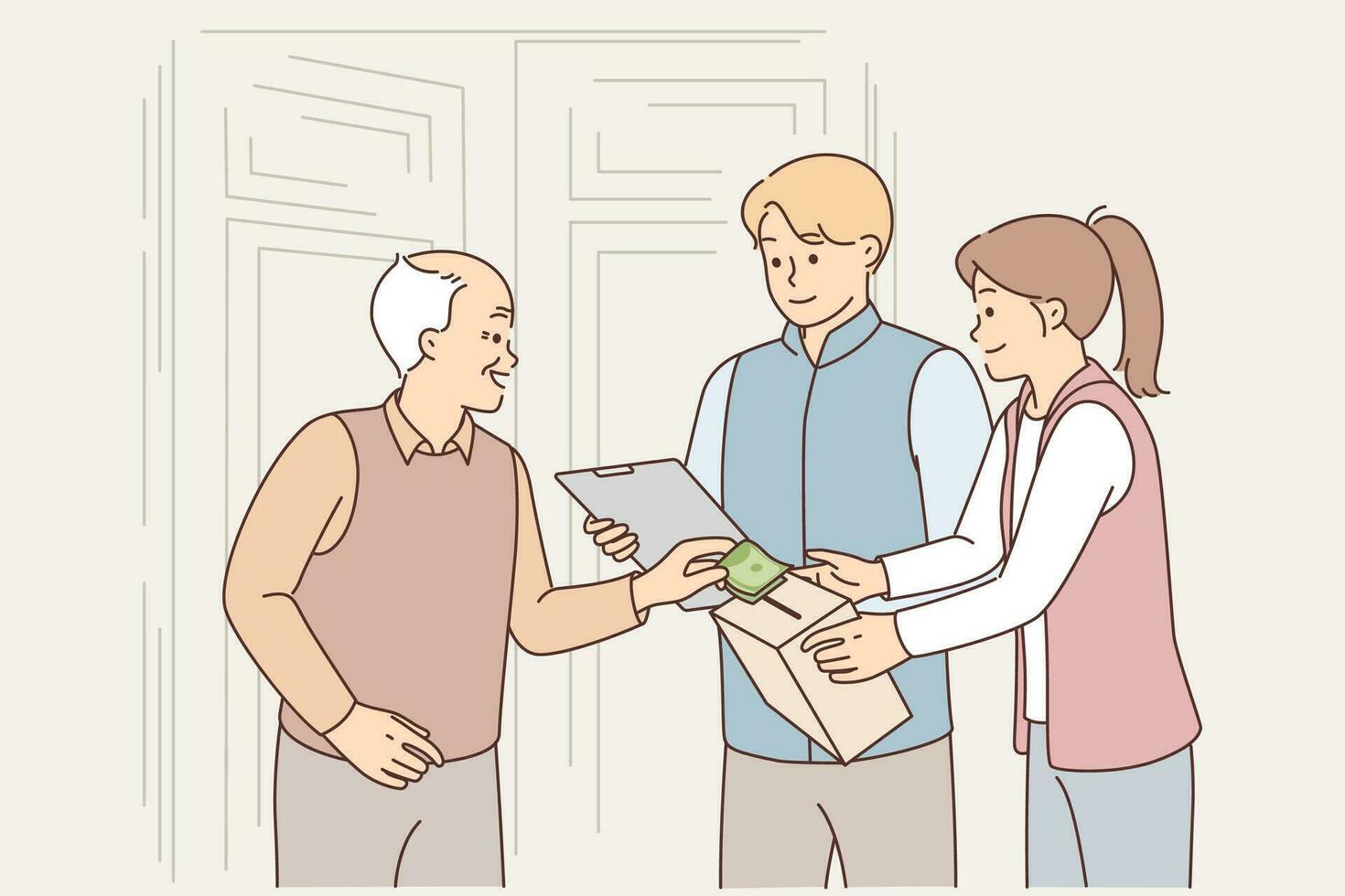 Employees of charity company hold fundraiser standing near door of elderly man with box for banknotes. Concept charity and public assistance to solve social problems and help those in need vector