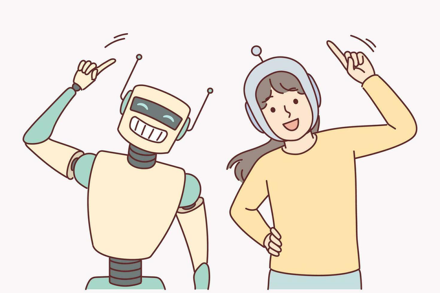 Happy child plays with robot, dancing and enjoying communication with artificial intelligence. Little girl is friends with robot equipped with ai for concept of innovative technologies in education vector