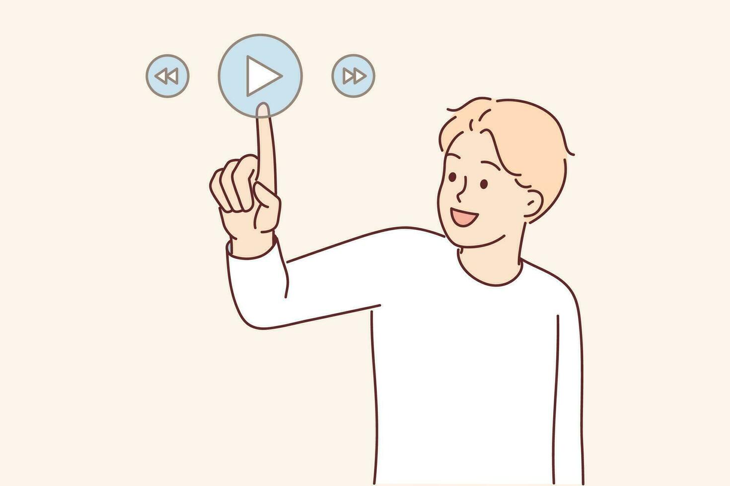 Man presses play button on virtual digital pad to launch music player or online cinema. Happy guy dressed in casual style touching touch play button for innovation technology concept vector