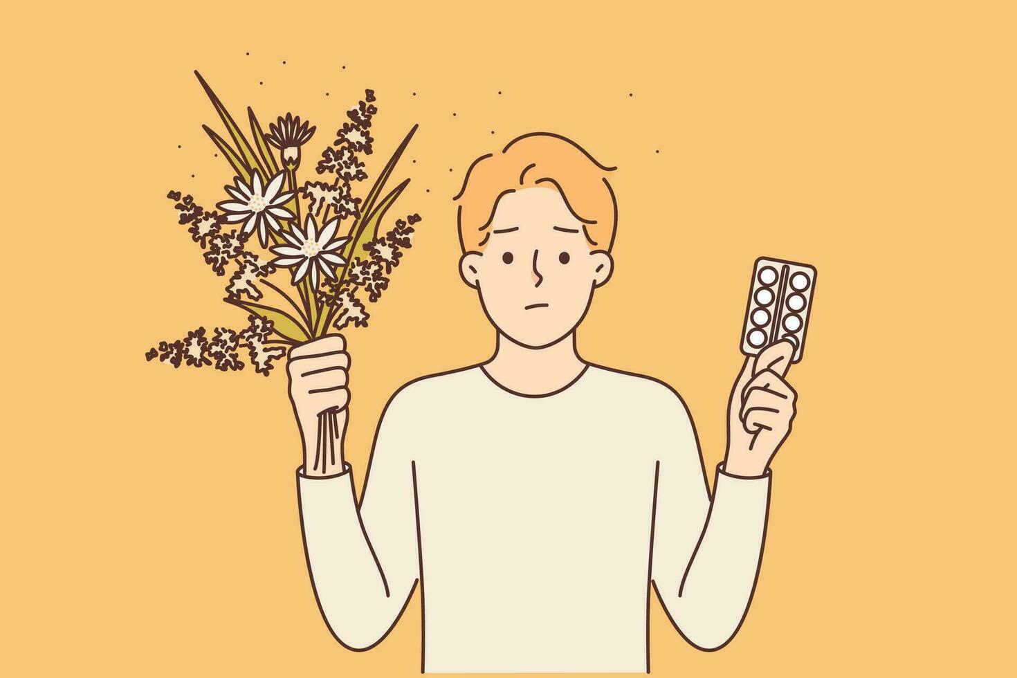 Allergic man with flowers and pills to treat immune problems caused by pollen from flowering plants. Allergic guy recommends use of antibiotics or vitamins to combat hypersensitivity of body vector