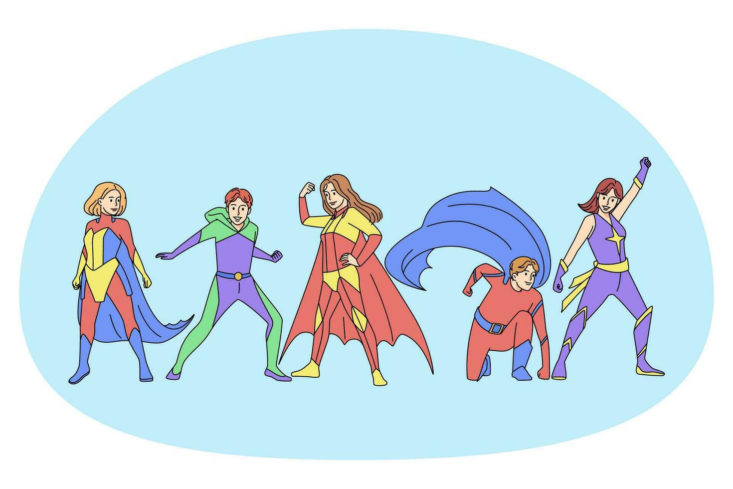 Superheroes in costumes show different poses. Super hero cartoon characters in outfits pose. Festival and fantasy world. Vector illustration.