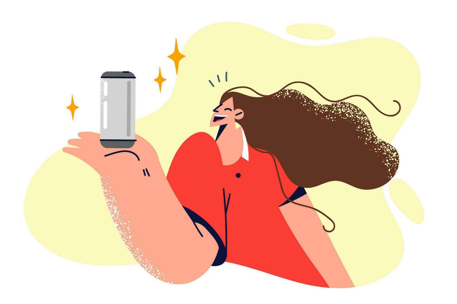 Woman with can of soda smiles, rejoicing at opportunity to quench thirst with cold tasty drink vector