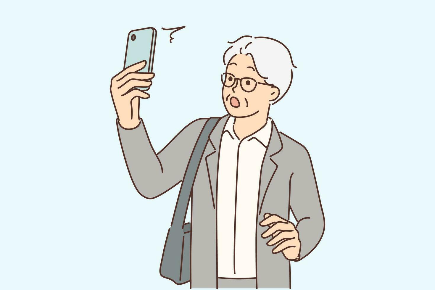 Elderly man with phone is shocked by news saw in mobile application or SMS message from business partner. Confused businessman with phone exclaims after seeing stock price change on website vector