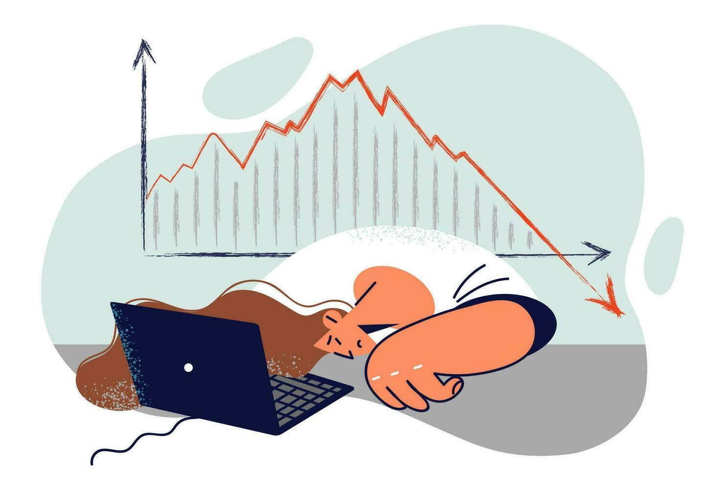 Tired woman put head on table near laptop seeing falling chart, which means beginning of crisis and financial recession. Business lady filed for bankruptcy due to economic crisis in stock market vector