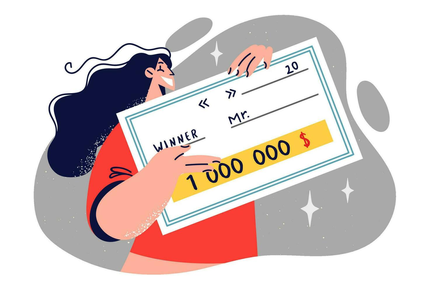 Lottery winner woman holding big check for million dollars and showing cash prize in game of chance. Girl with check from casino became millionaire after winning jackpot in lottery vector