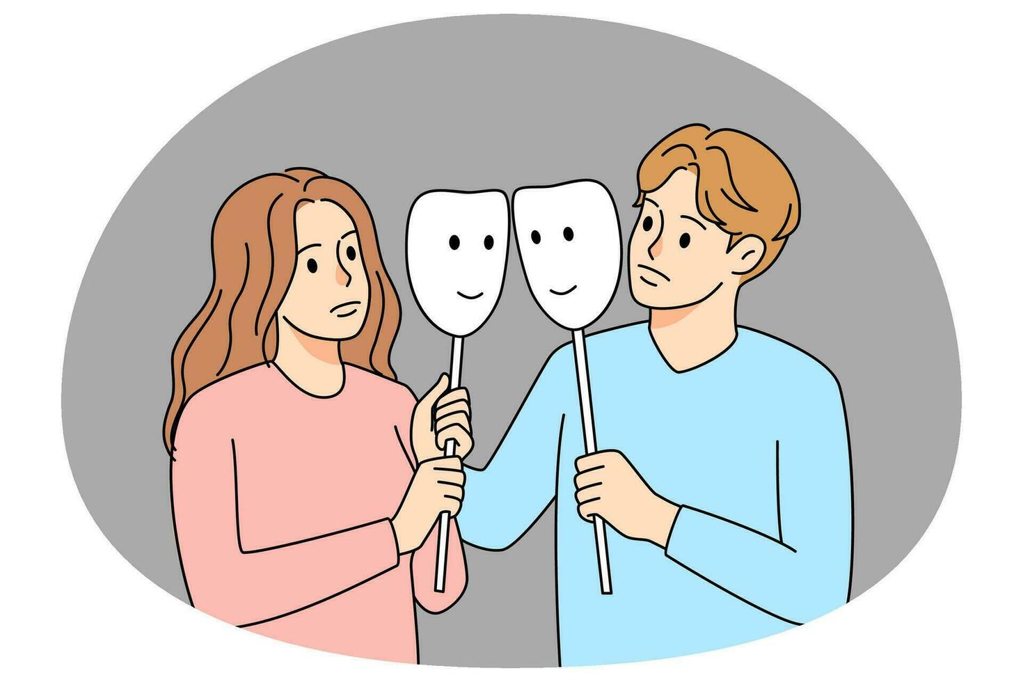 Couple with face masks involved in fake relationships. Man and woman hide feelings of real relations. Artificial emotions concept. Vector illustration.