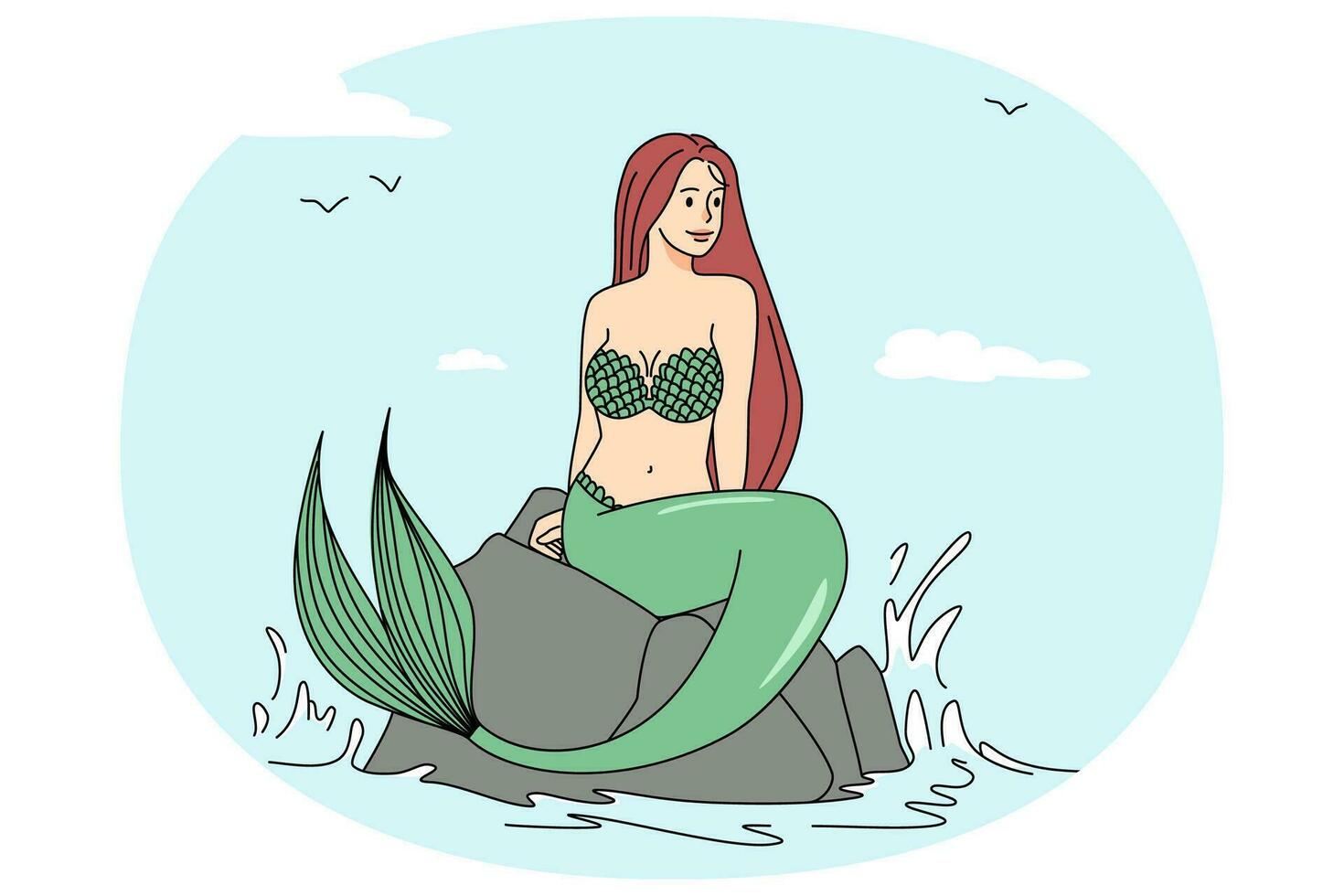 Beautiful redhead mermaid sitting on stone in sea. Pretty woman living in ocean relax on rock on beach. Vector illustration.