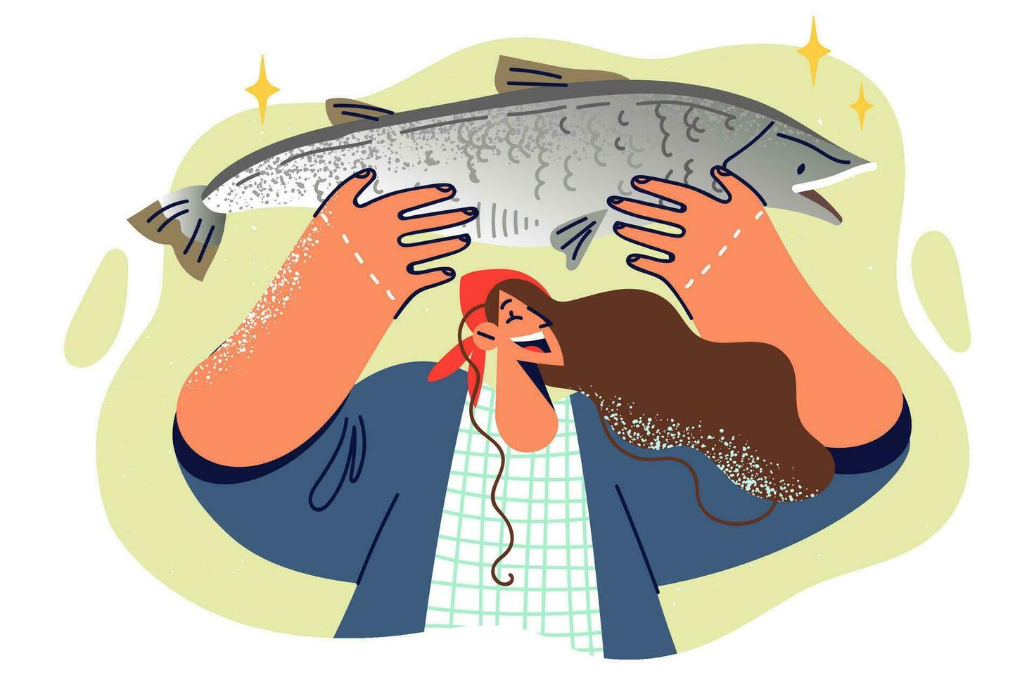 Smiling female fisherman lifts giant fish over head and takes pride in big catch. Happy woman with long hair and scarf on head, enjoying fishing as hobby and showing caught pike fish vector