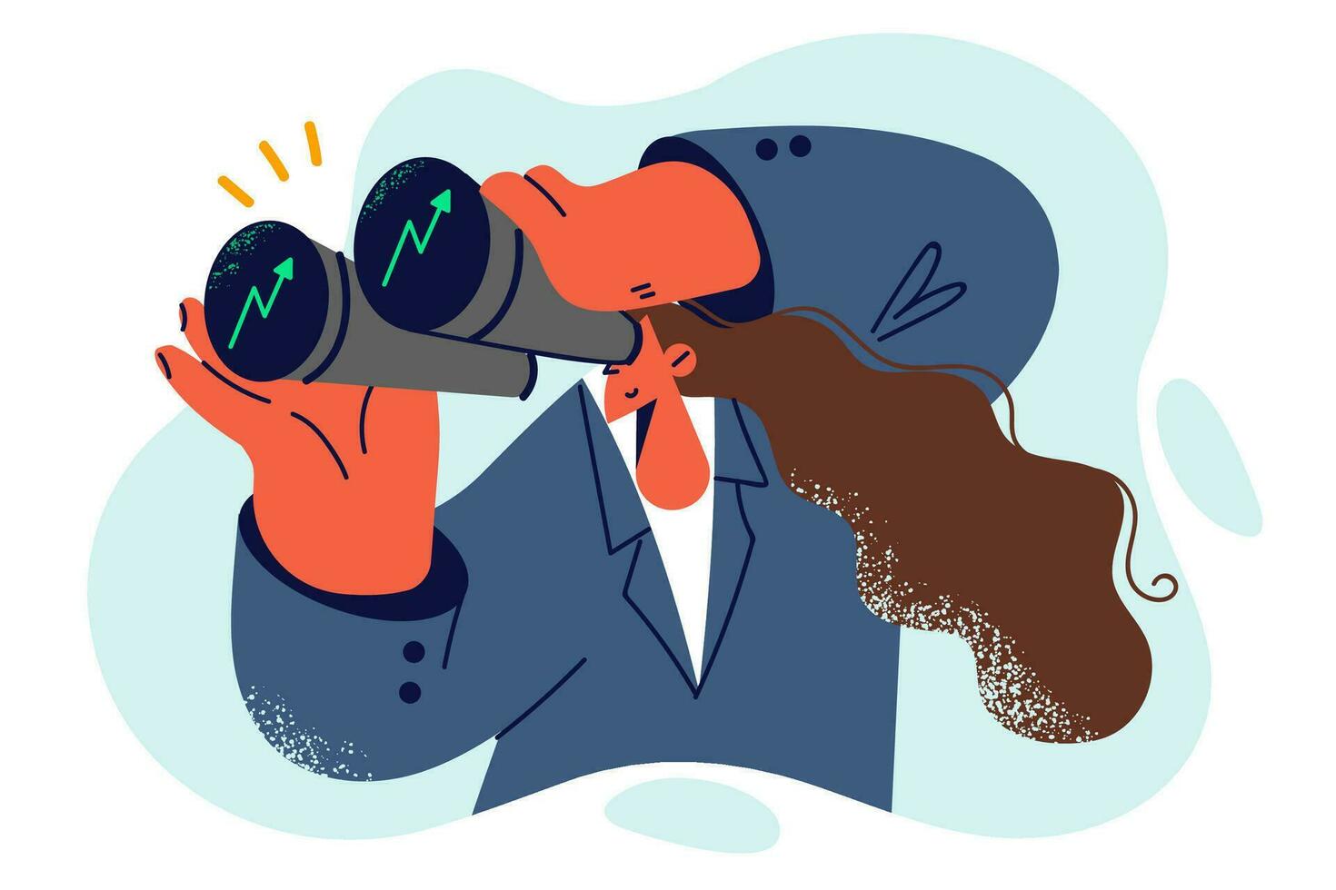 Businesswoman watching investment charts through binoculars making financial analytics and corporate audit. Woman in business suit looks into distance, tracking growth of investment dividends vector