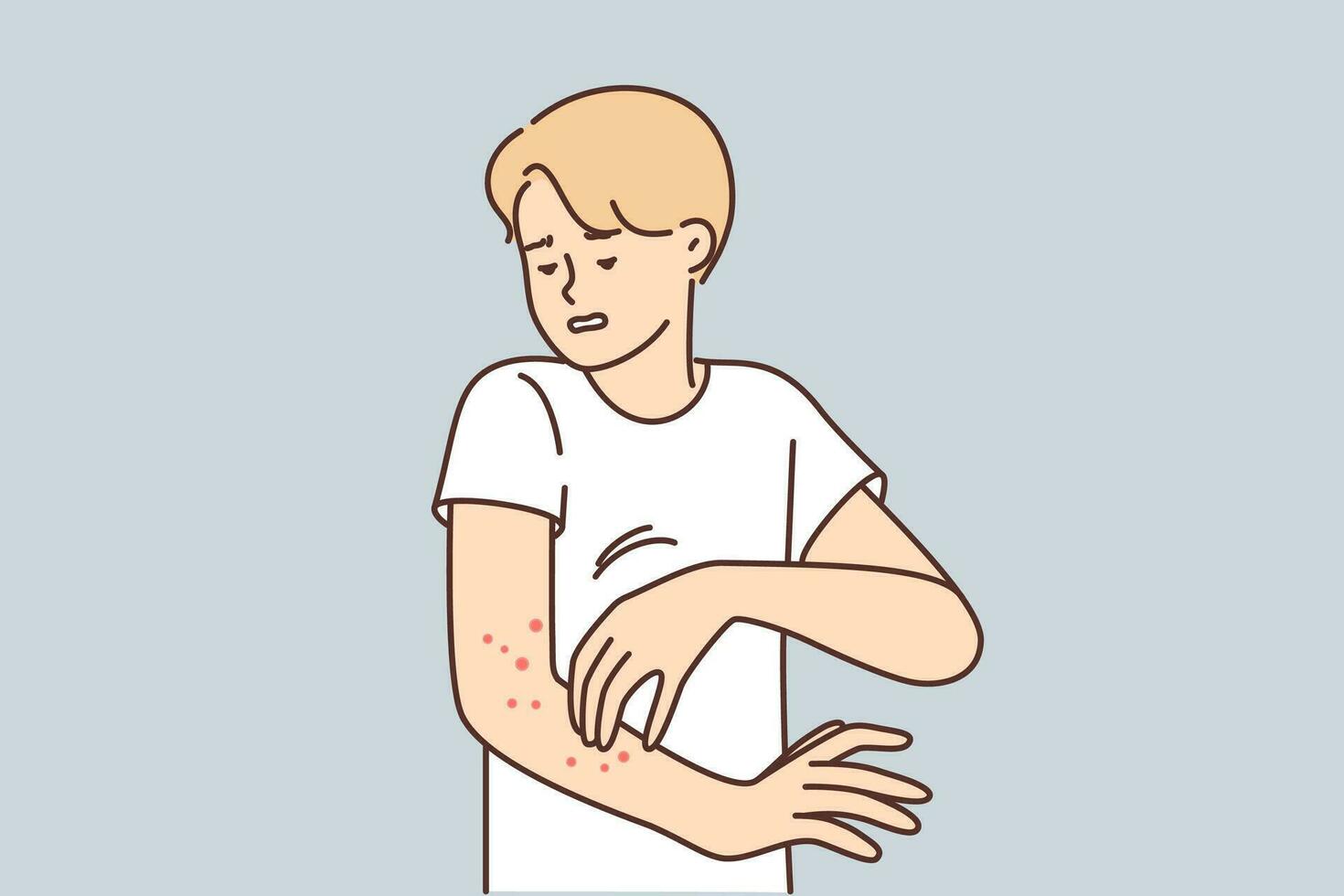 Man with rash on arm suffers from itching and eczema caused by infection that affects skin. Guy needs medicated ointment or dermatologist help to get rid of eczema spreading all over body vector
