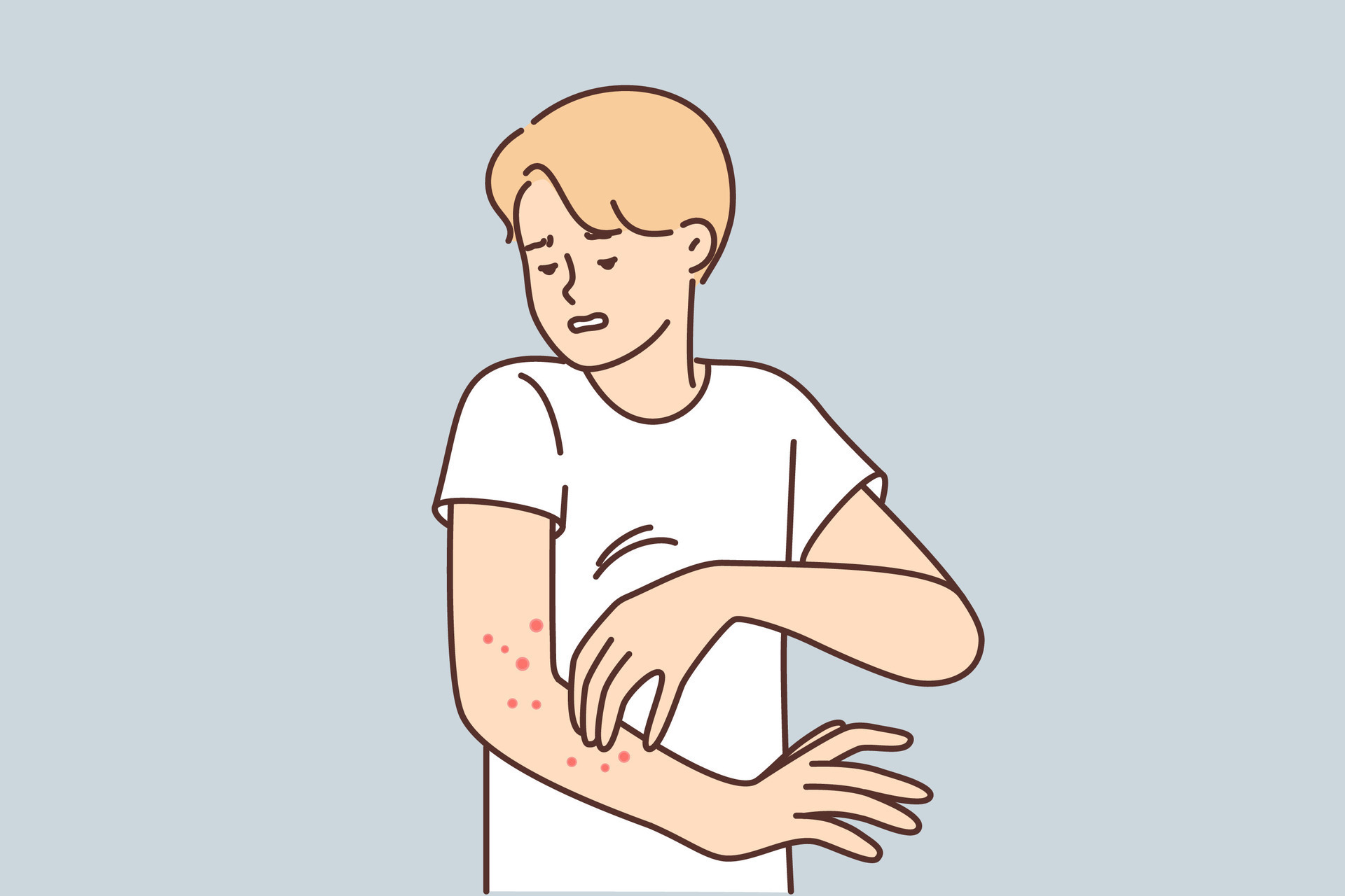 Man with rash on arm suffers from itching and eczema caused by
