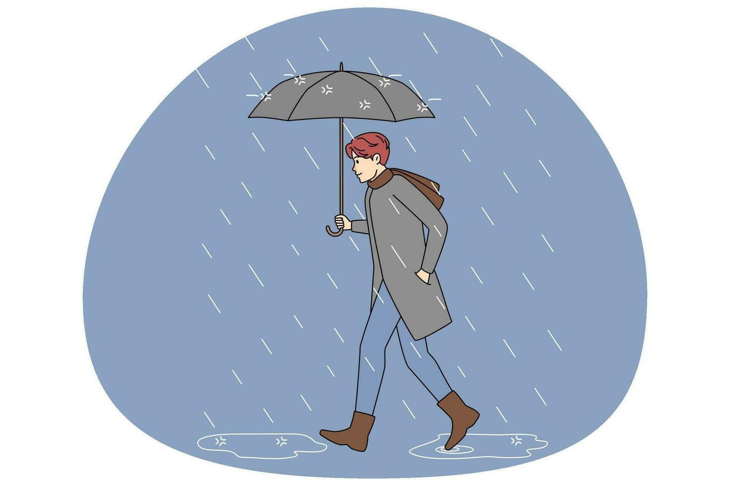 Man in boots and outerwear walking in rain under umbrella. Guy out on rainy day. Weather and climate change. Vector illustration.