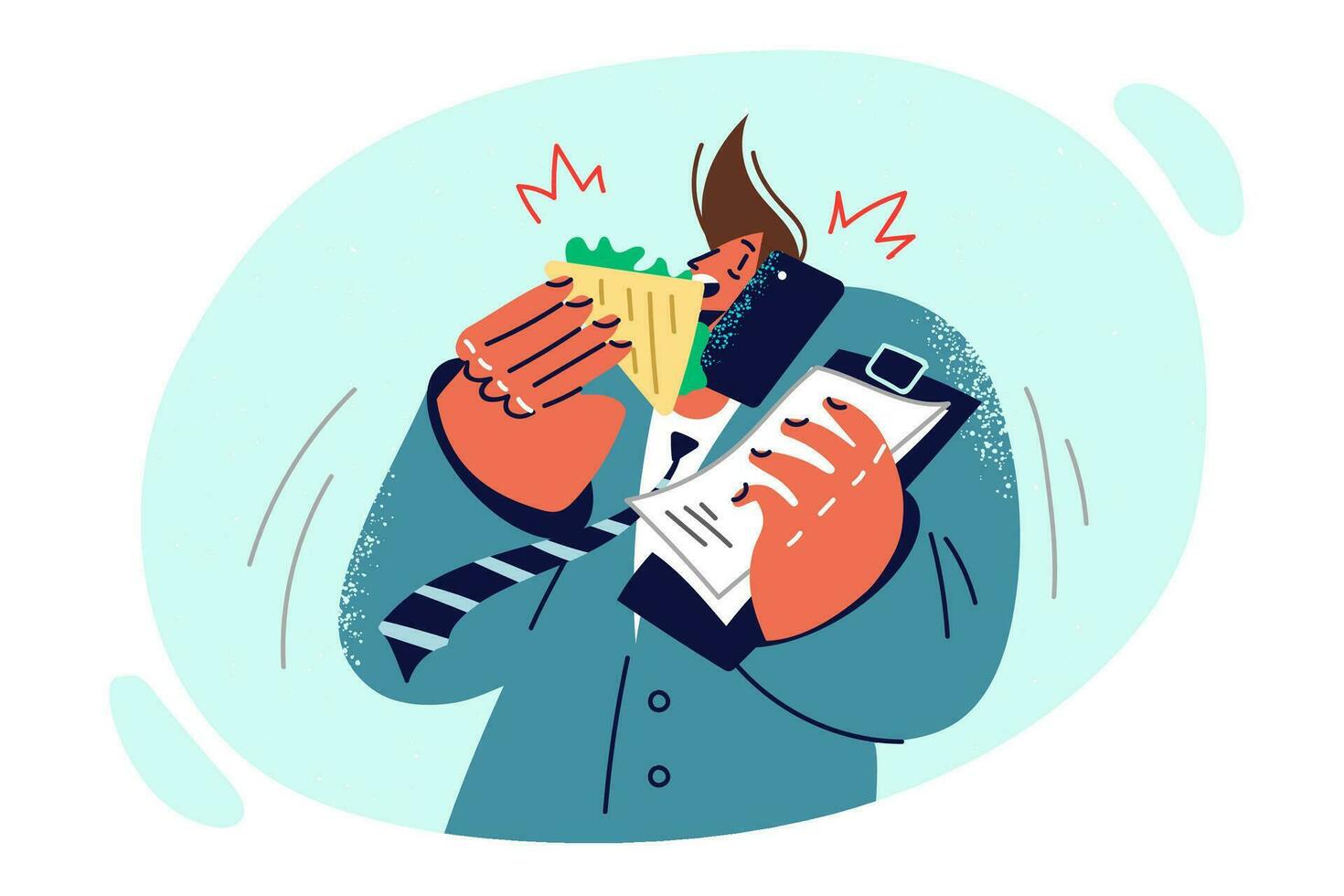 Busy business man eating and talking on phone at same time, working in multitasking mode. Guy in business suit suffers from overwork and lack of time for full meal due to strict deadlines. vector