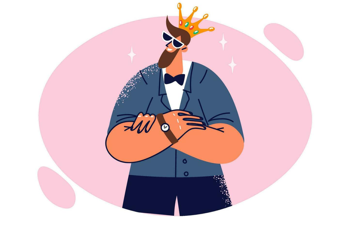 Successful man boss in crown stands with arms crossed demonstrating confidence and ambition to achieve goal. Cool guy working as CEO of successful company posing in golden crown and sunglasses vector