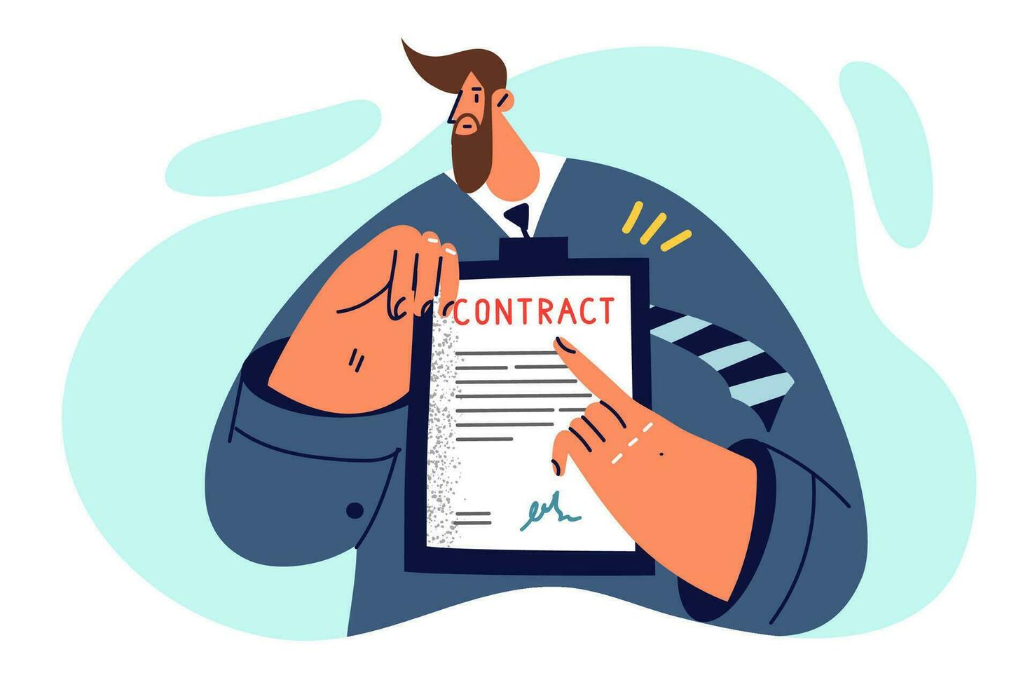 Businessman holds contract urging employees or partners to comply with terms of agreements. Man in business suit demonstrates contract that needs signature to start working together vector