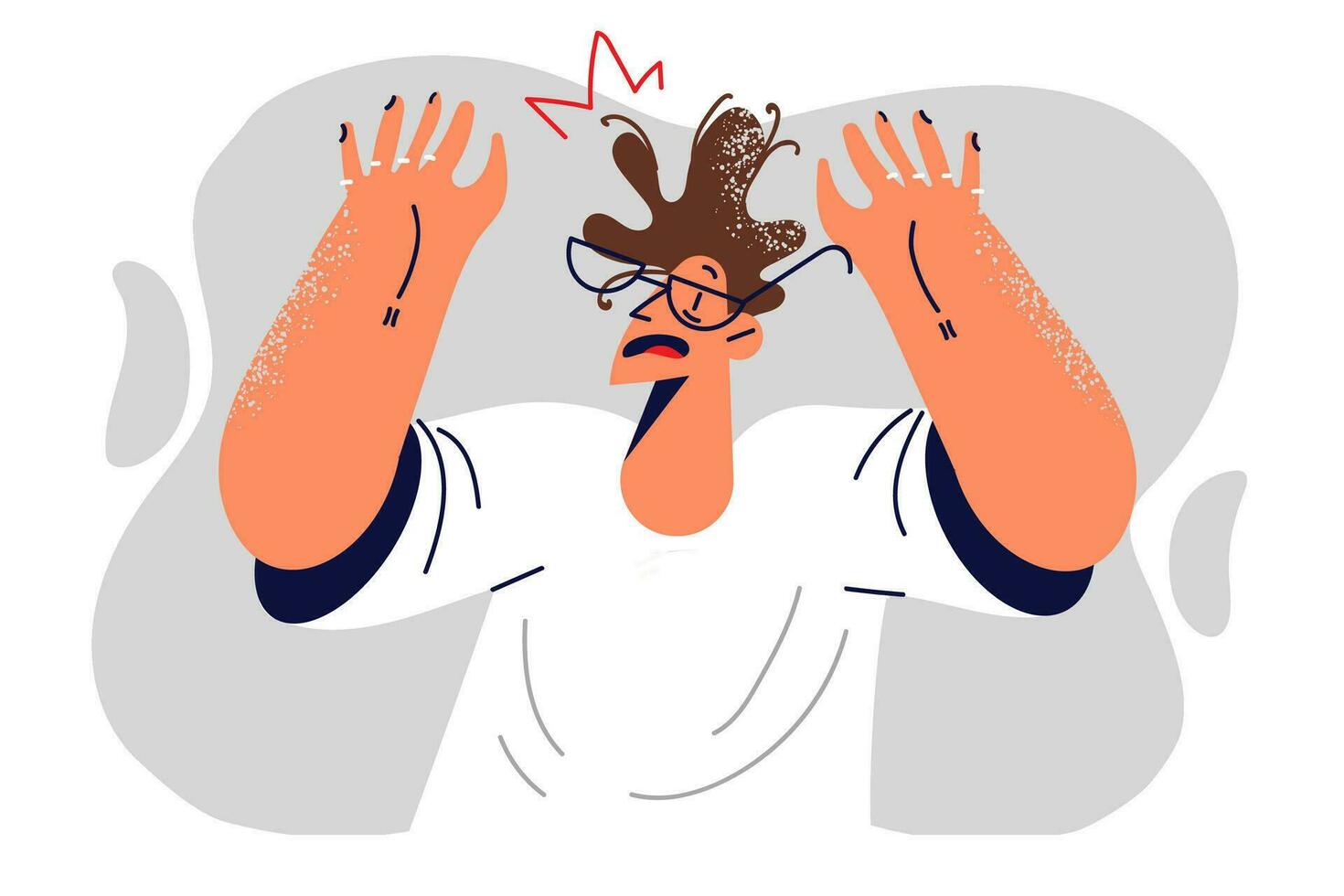 Frightened man victim raises hands in surrender and refusing to resist during threats or robbery. Frightened guy who made fatal mistake stands and feels fear, needing help to solve problem vector