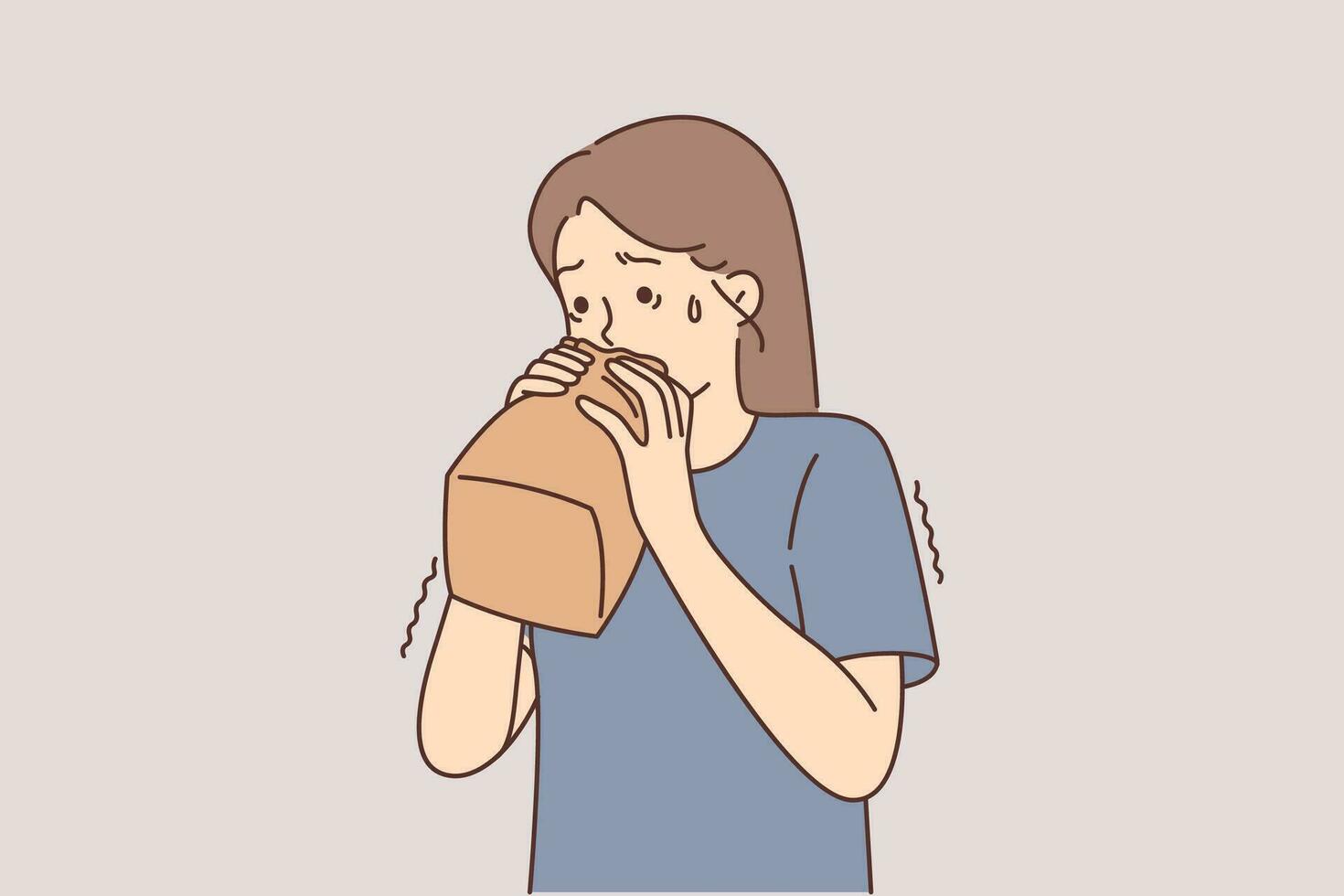 Nervous girl breathes into paper bag trying to cope with panic attack caused by psychological disorder. Little teenage girl experiencing panic and mental problems needs help of psychotherapist vector