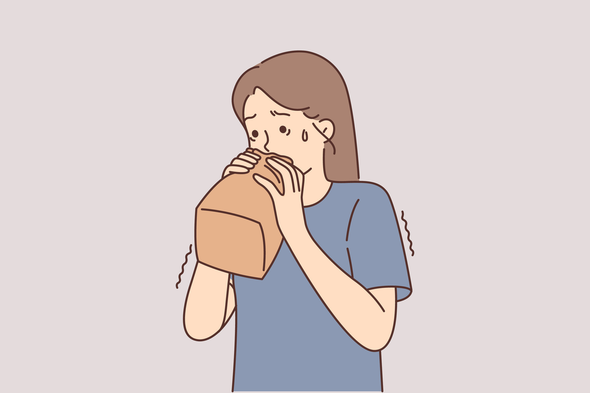 Nervous girl breathes into paper bag trying to cope with panic attack